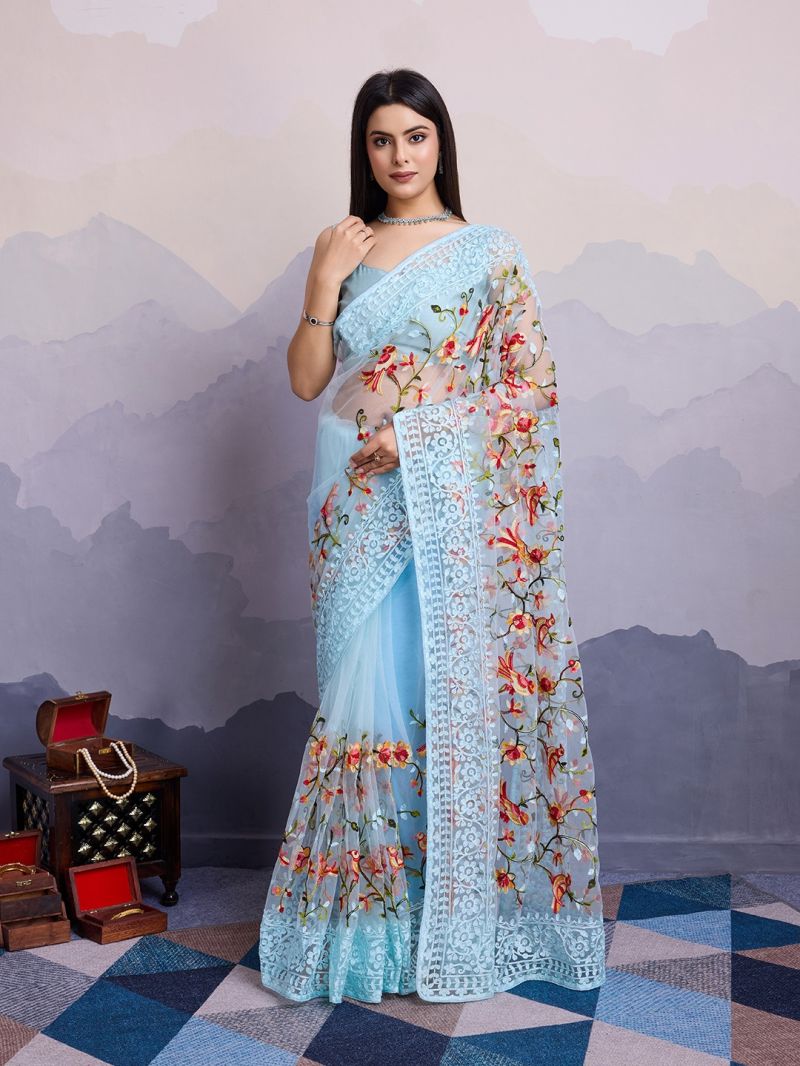 Fancy Net Embroidered Saree with Unstitched Blouse Piece
