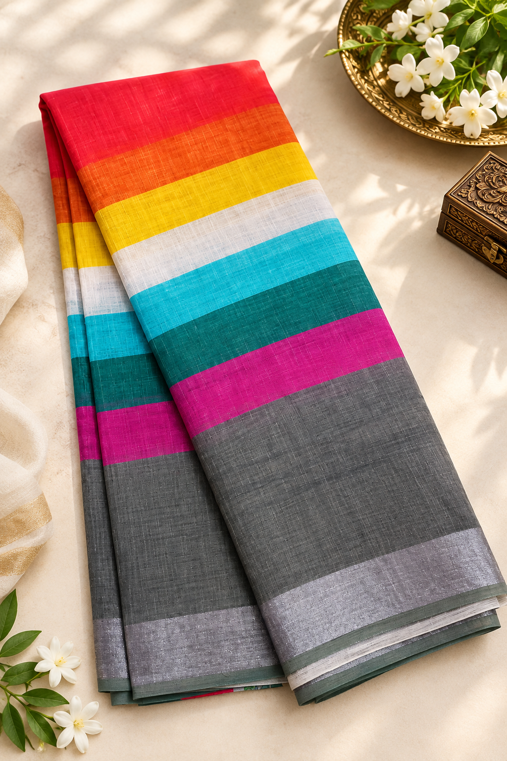 Cotton Linen Printed Saree with Unstitched Blouse Piece