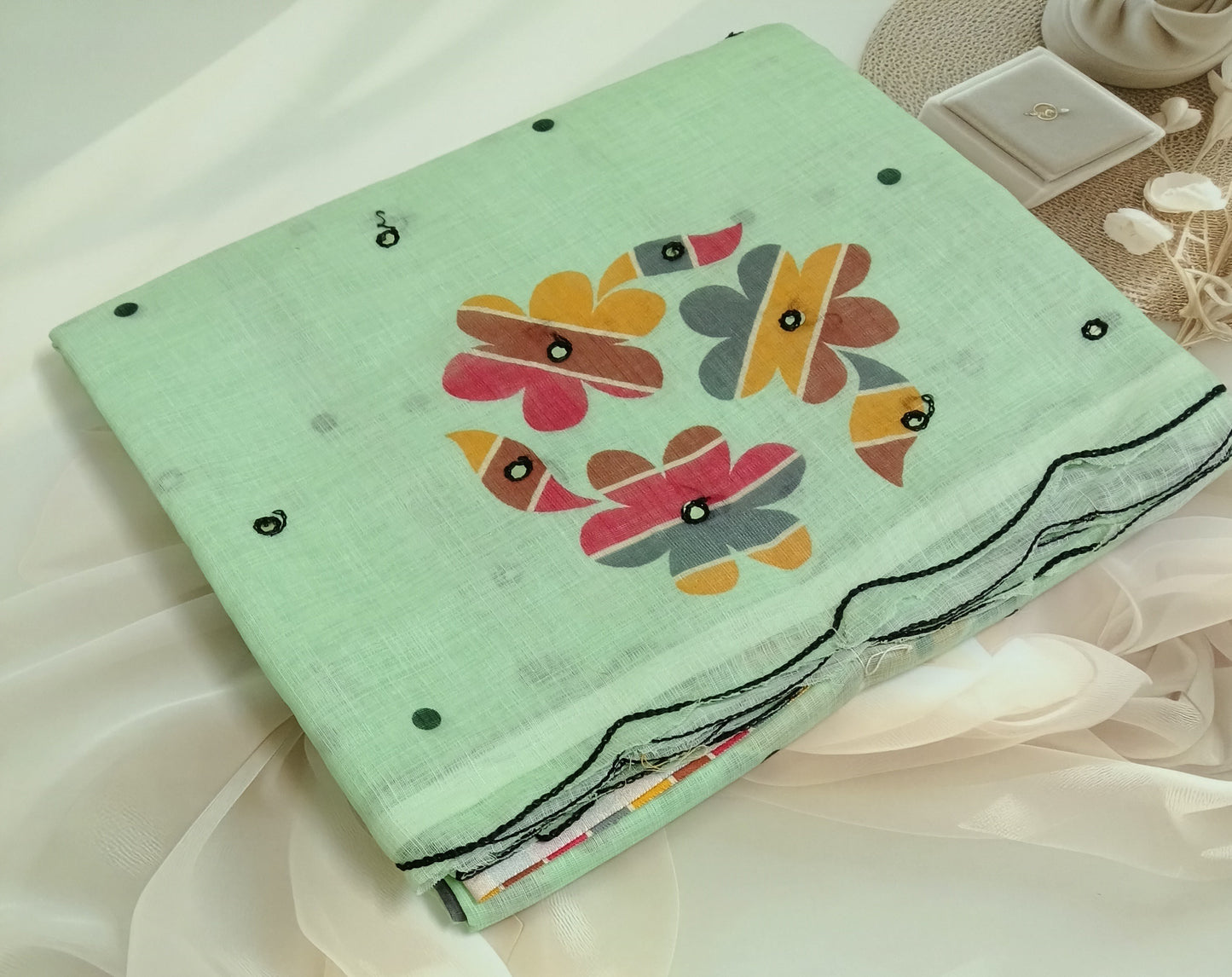 Cotton Linen Printed Saree with Unstitched Blouse Piece