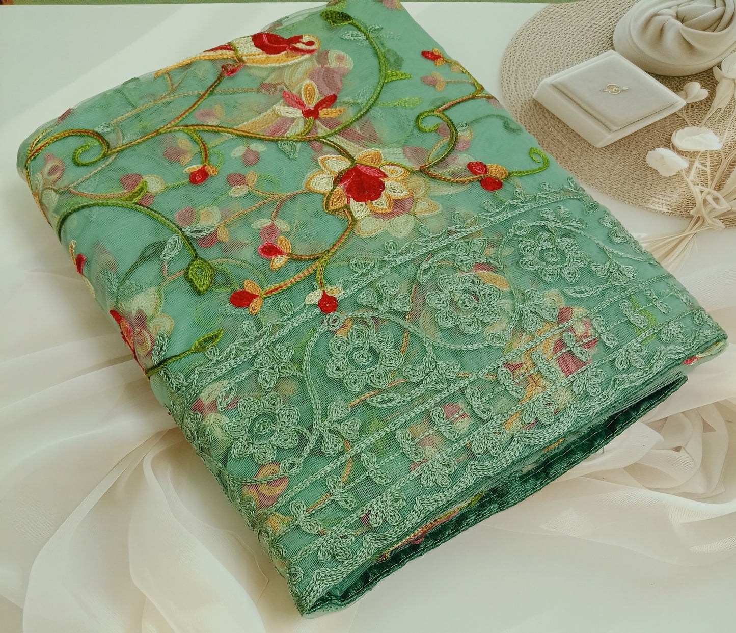Fancy Net Embroidered Saree with Unstitched Blouse Piece