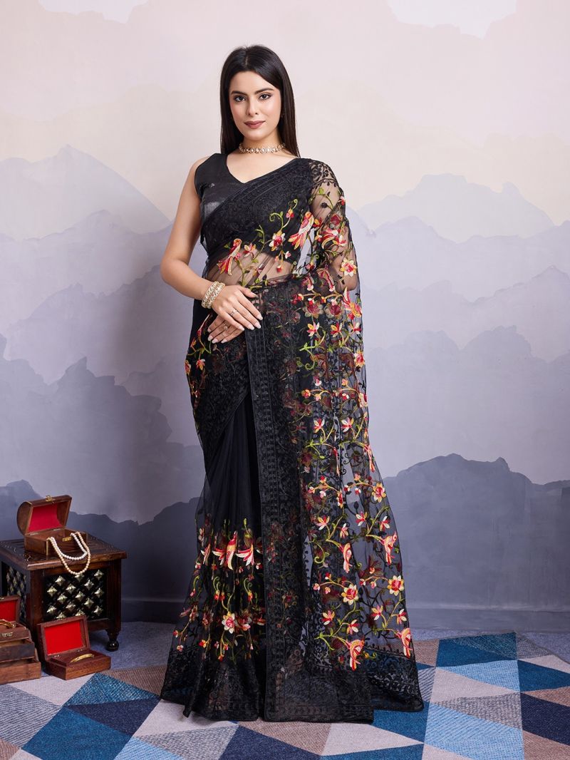 Fancy Net Embroidered Saree with Unstitched Blouse Piece