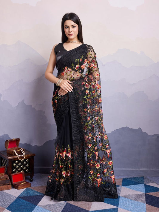 Fancy Net Embroidered Saree with Unstitched Blouse Piece