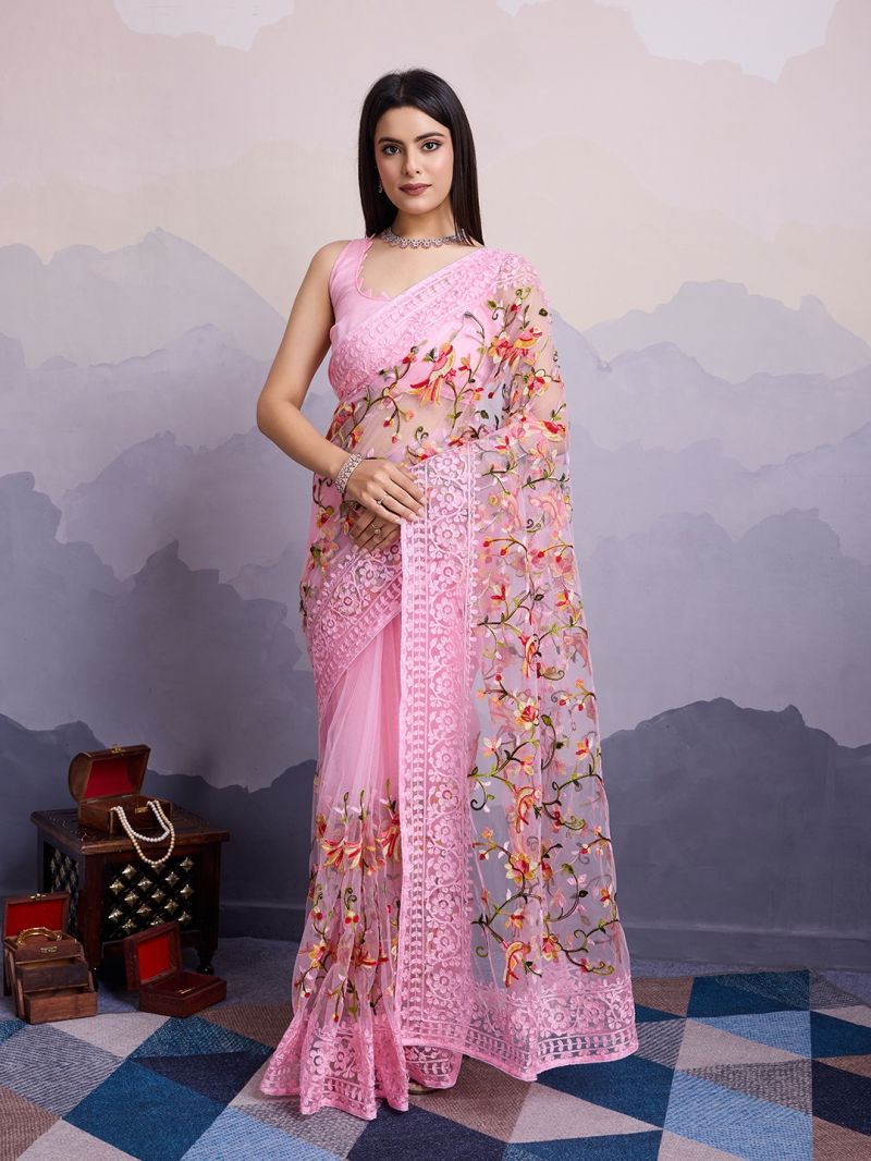 Fancy Net Embroidered Saree with Unstitched Blouse Piece