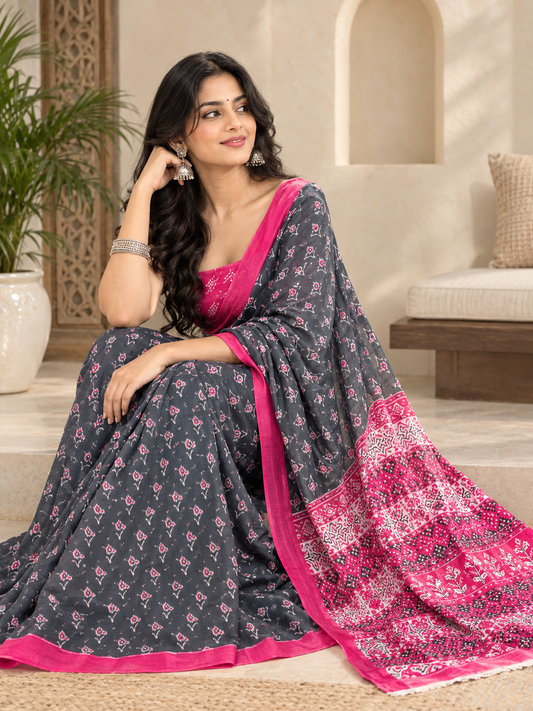 Jaipur Cotton Printed Saree with Unstitched Blouse Piece