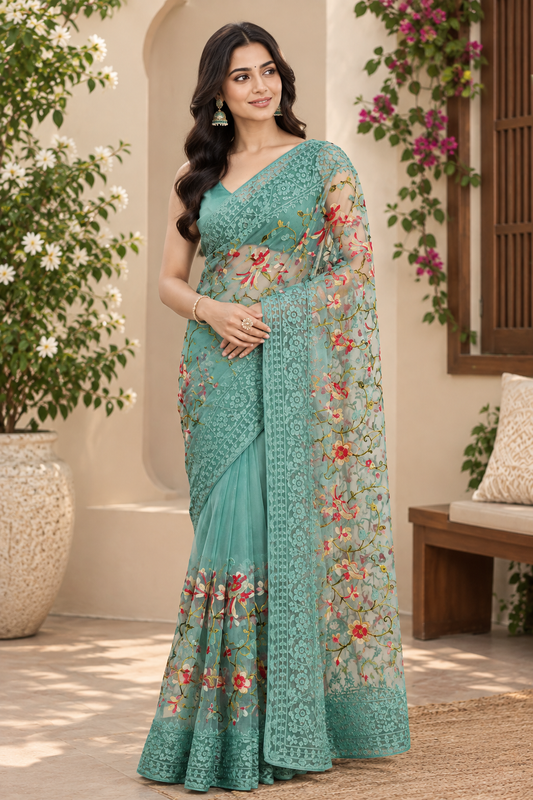 Fancy Net Embroidered Saree with Unstitched Blouse Piece