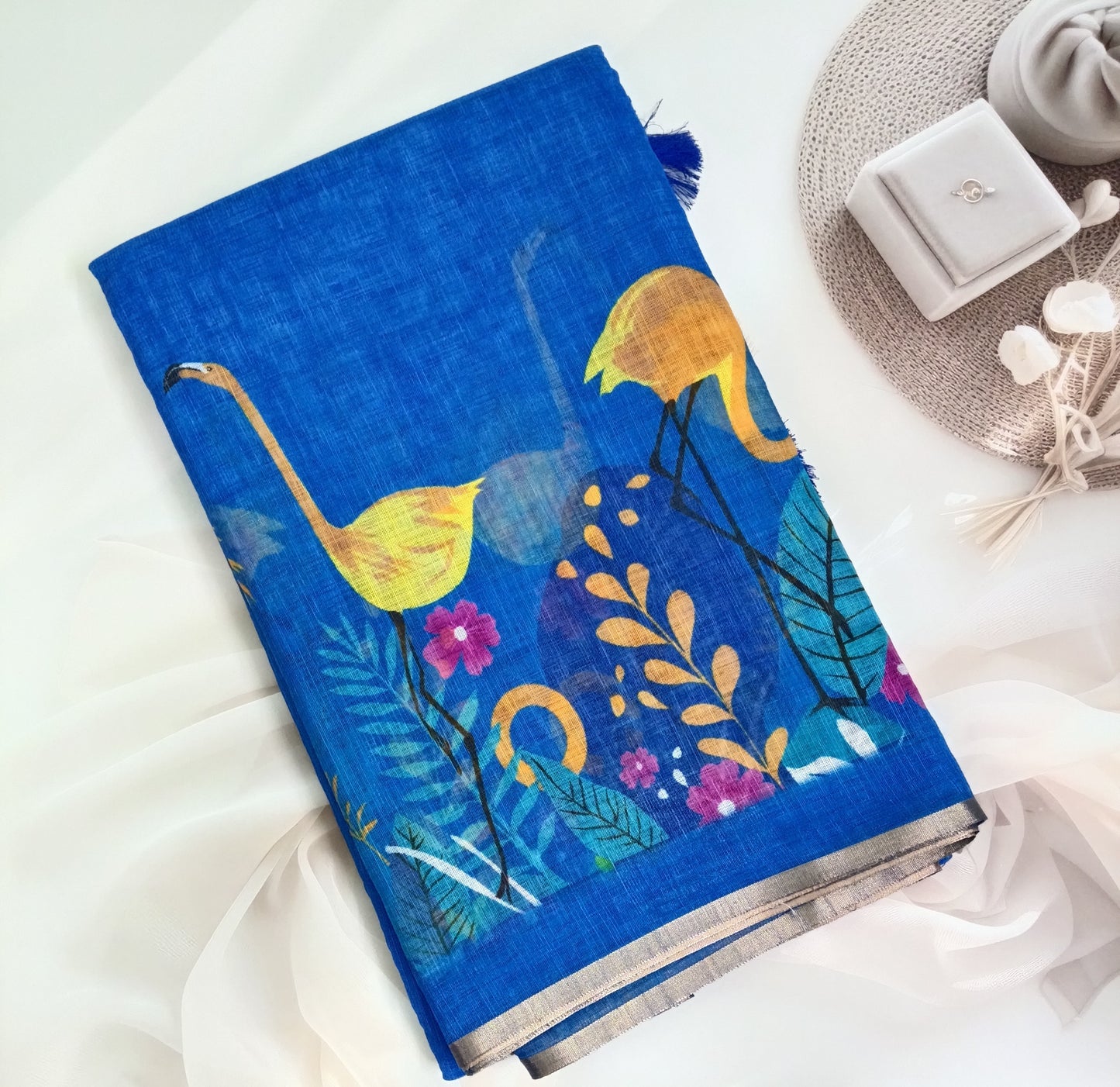 Cotton Linen Printed Saree with Unstitched Blouse Piece