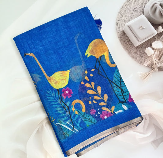Cotton Linen Printed Saree with Unstitched Blouse Piece