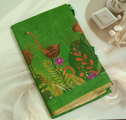 Cotton Linen Printed Saree with Unstitched Blouse Piece