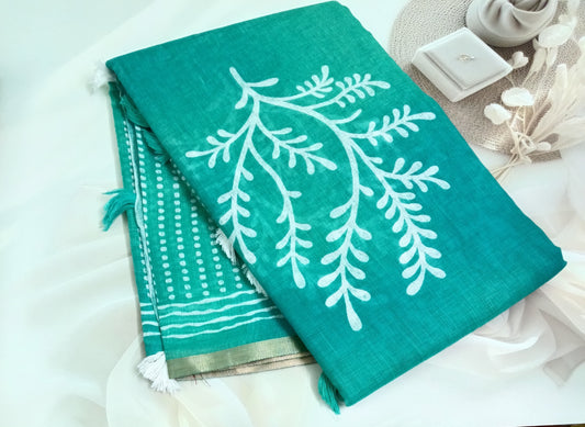 Cotton Linen Printed Saree with Unstitched Blouse Piece