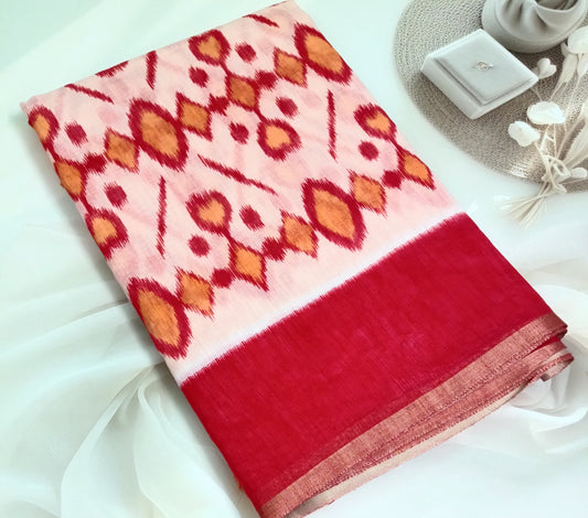 Cotton Linen Printed Saree with Unstitched Blouse Piece