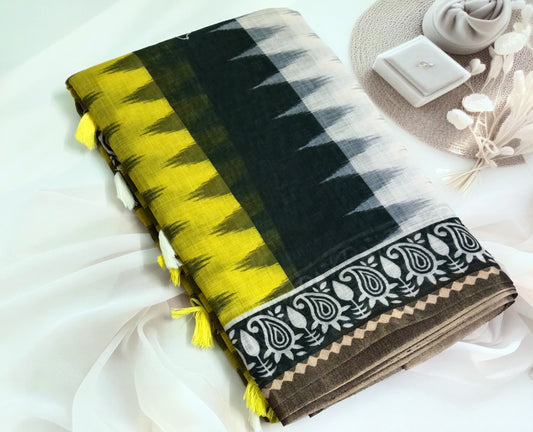 Cotton Linen Printed Saree with Unstitched Blouse Piece