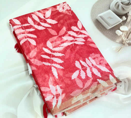 Cotton Linen Printed Saree with Unstitched Blouse Piece