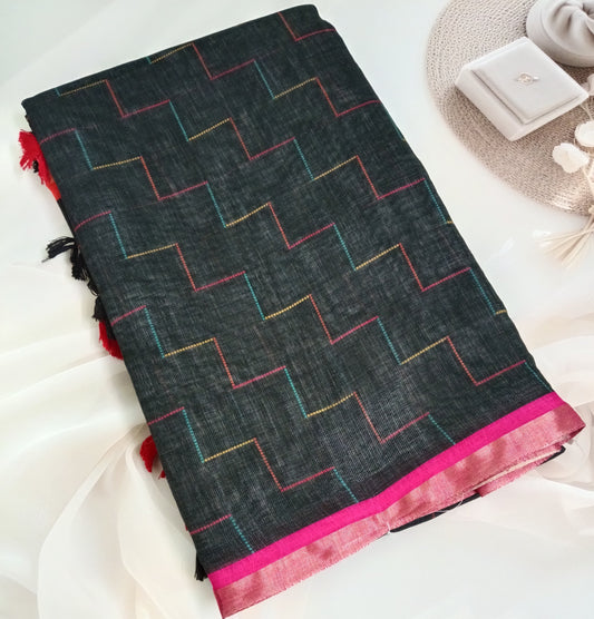 Cotton Linen Printed Saree with Unstitched Blouse Piece