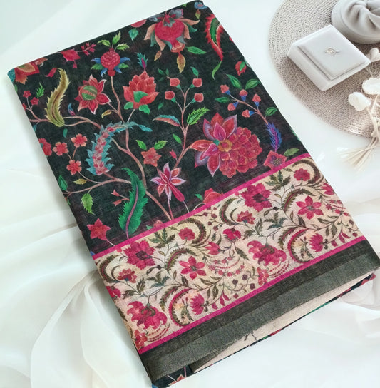 Cotton Linen Printed Saree with Unstitched Blouse Piece