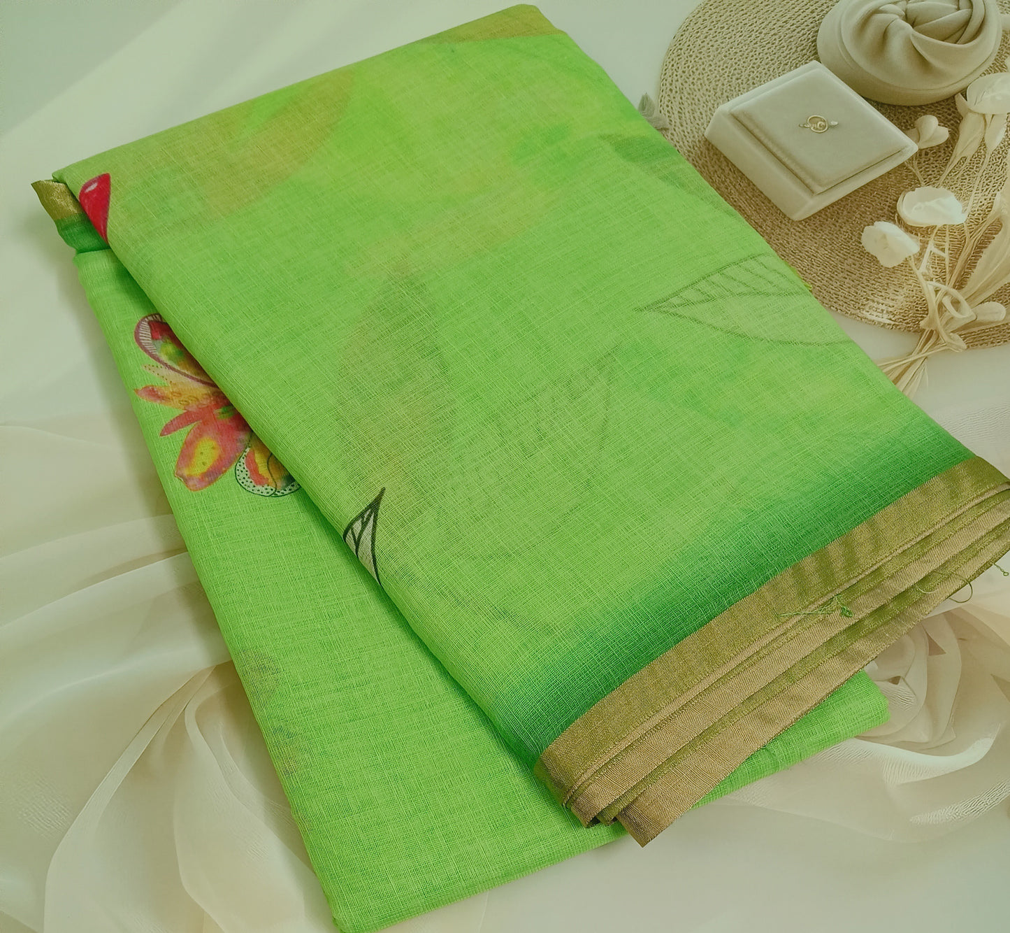 Cotton Linen Printed Saree with Unstitched Blouse Piece