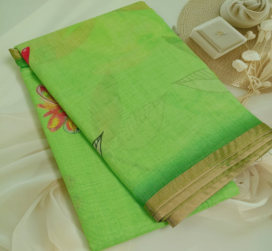 Cotton Linen Printed Saree with Unstitched Blouse Piece