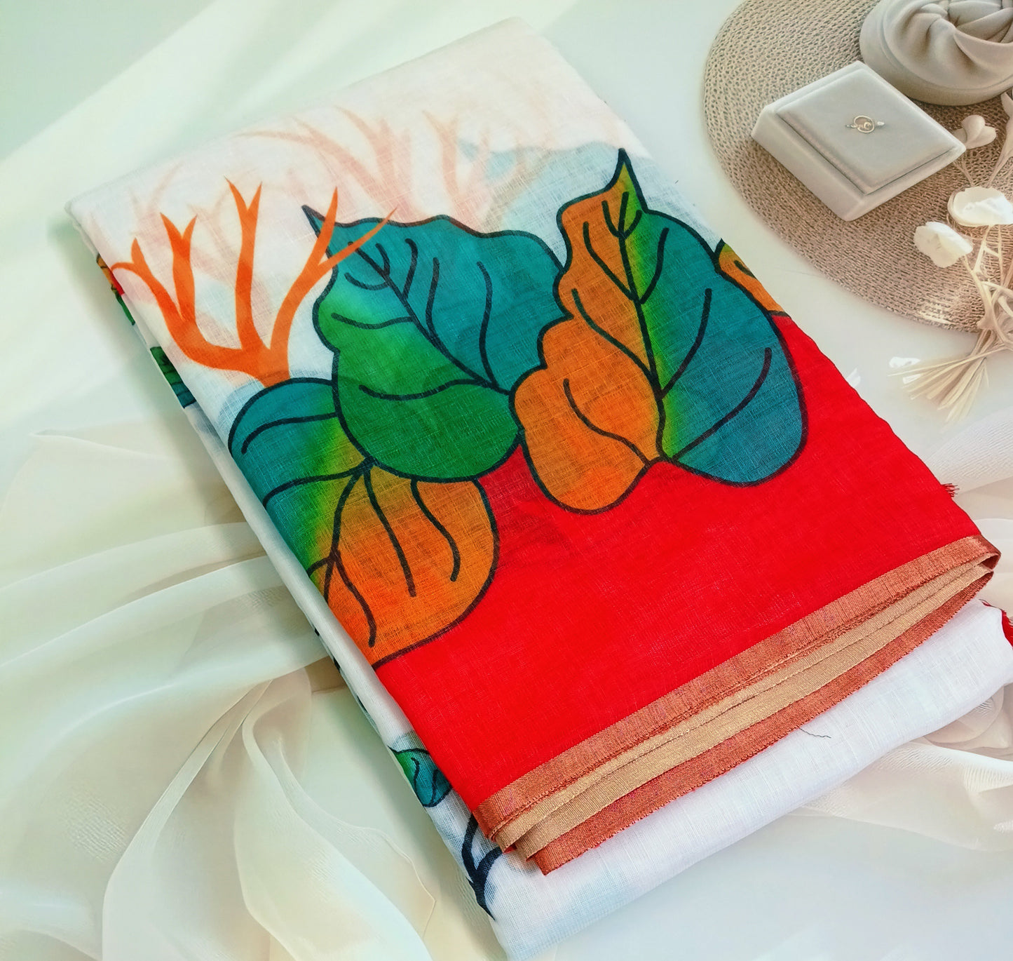 Cotton Linen Printed Saree with Unstitched Blouse Piece