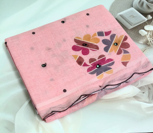 Cotton Linen Printed Saree with Unstitched Blouse Piece