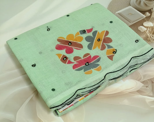 Cotton Linen Printed Saree with Unstitched Blouse Piece