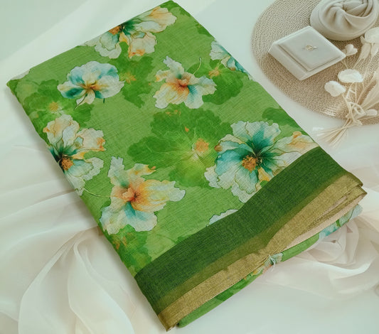 Cotton Linen Printed Saree with Unstitched Blouse Piece