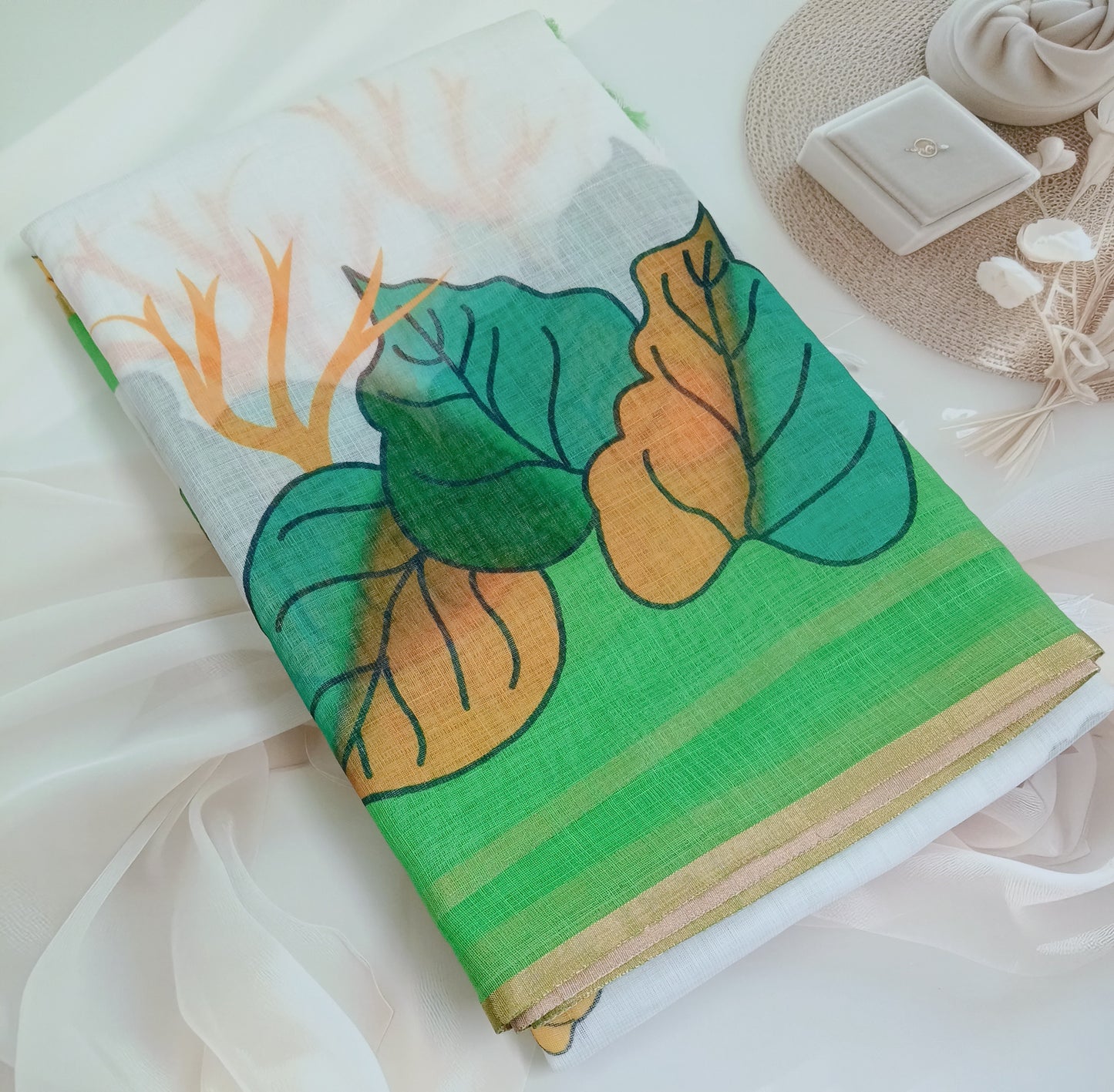 Cotton Linen Printed Saree with Unstitched Blouse Piece