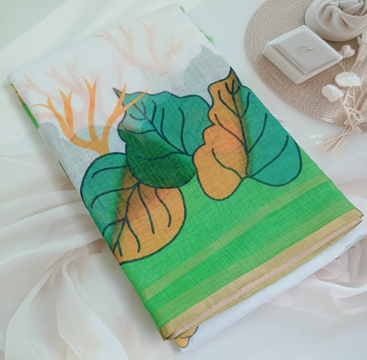 Cotton Linen Printed Saree with Unstitched Blouse Piece