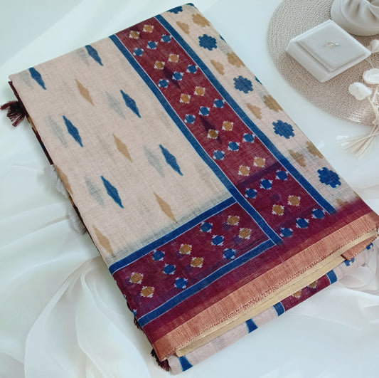 Cotton Linen Printed Saree with Unstitched Blouse Piece