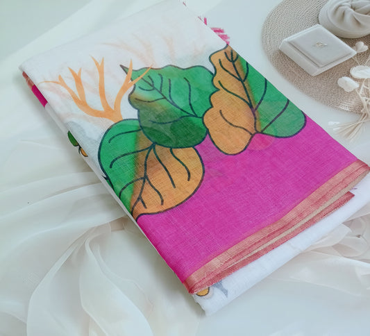 Cotton Linen Printed Saree with Unstitched Blouse Piece