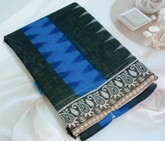 Cotton Linen Printed Saree with Unstitched Blouse Piece