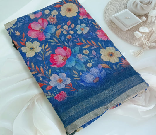 Cotton Linen Printed Saree with Unstitched Blouse Piece