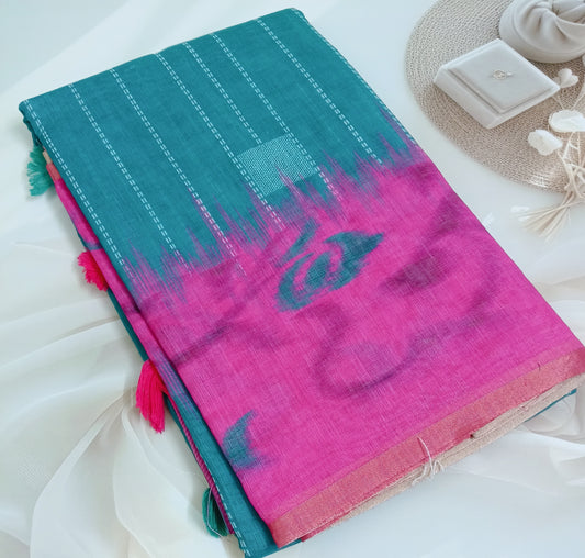 Cotton Linen Printed Saree with Unstitched Blouse Piece