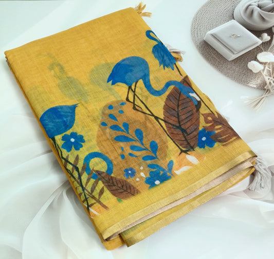 Cotton Linen Printed Saree with Unstitched Blouse Piece