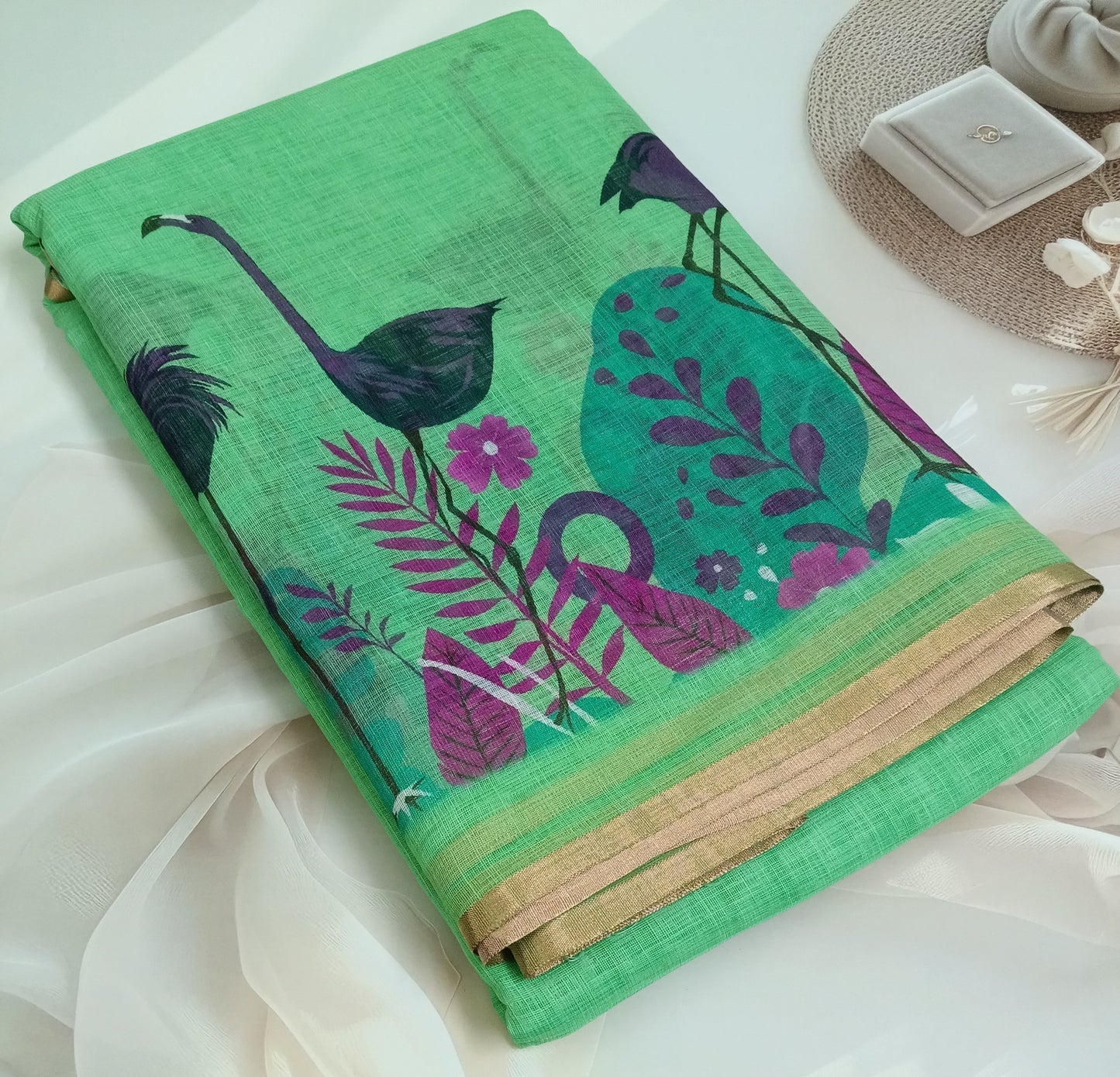 Cotton Linen Printed Saree with Unstitched Blouse Piece