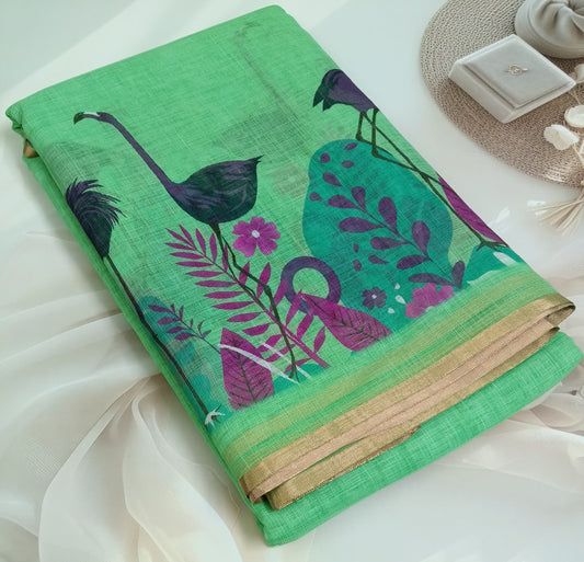 Cotton Linen Printed Saree with Unstitched Blouse Piece