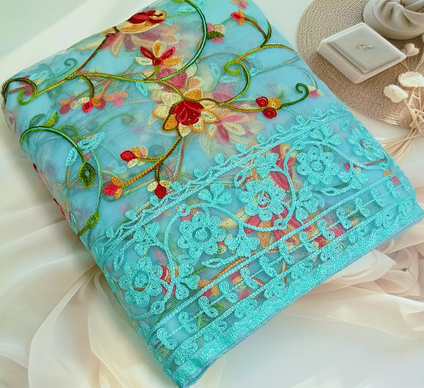Fancy Net Embroidered Saree with Unstitched Blouse Piece
