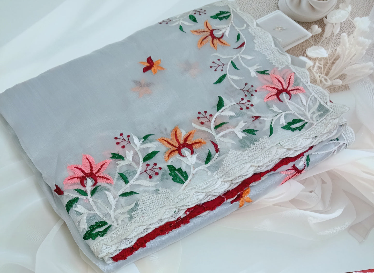 Organza Embroidery Saree with Unstitched Blouse Piece