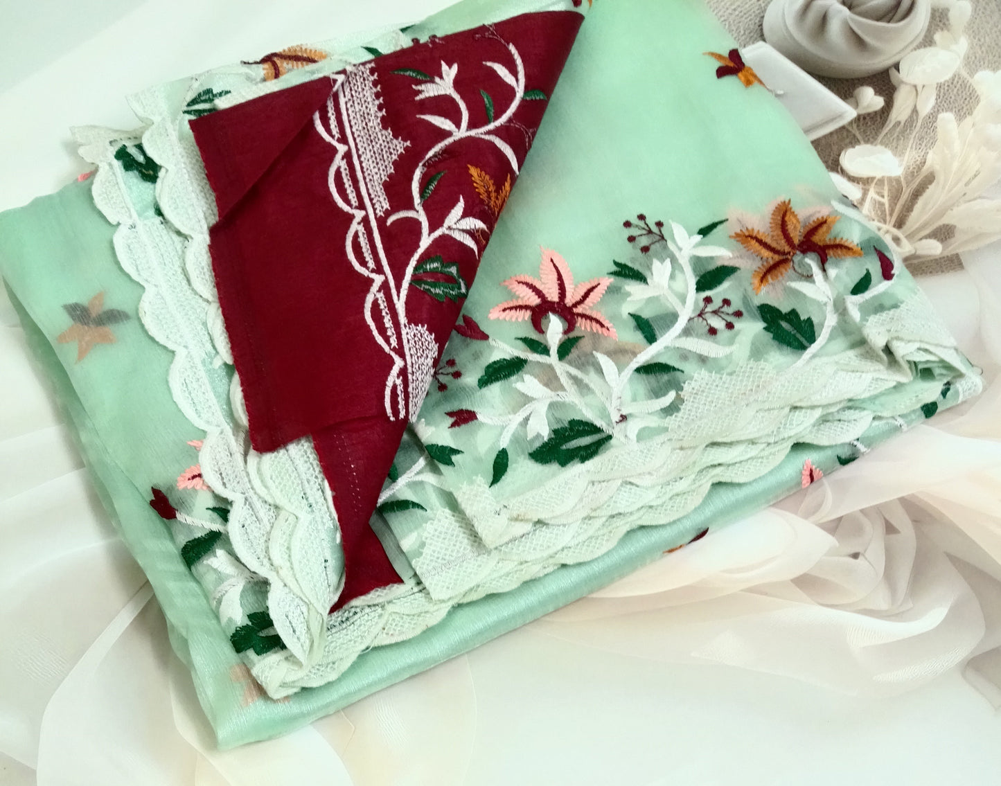 Organza Embroidery Saree with Unstitched Blouse Piece